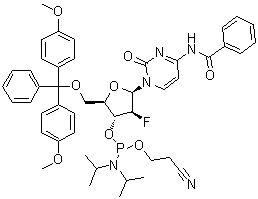 structure of CAS# 1404463-12-2, N-[1-[5-O-[双(4-甲氧基苯基)苯基甲基]-3-O-[[双(1-甲基乙基)氨基](2-氰基乙氧基)膦基]-2-脱氧-2-氟-beta-D-呋喃阿拉伯糖基]-1,2-二氢-2-氧代-4-嘧啶基]苯甲酰胺