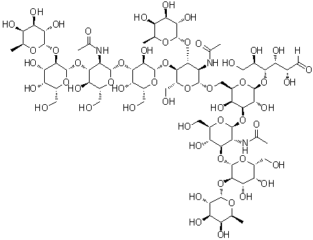 O-6-脱氧-alpha-L-吡喃半乳糖基-(1→3)-O-[O-6-脱氧-alpha-L-吡喃半乳糖基-(1→2)-O-beta-D-吡喃半乳糖基-(1→3)-O-2-(乙酰氨基)-2-脱氧-beta-D-吡喃葡萄糖基-(1→3)-beta-D-吡喃半乳糖基-(1→4)]-O-2-(乙酰氨基)-2-脱氧-beta-D-吡喃葡萄糖基-(1→6)-O-[O-6-脱氧-alpha-L-吡喃半乳糖基-(1→2)-O-beta-D-吡喃半乳糖基-(1→3)-2-(乙酰氨基)-2-脱氧-beta-D-吡喃葡萄糖基-(1→3)]-O-beta-D-吡喃半乳糖基-(1→4)-D-葡萄糖分子结构 (CAS 141342-93-0)
