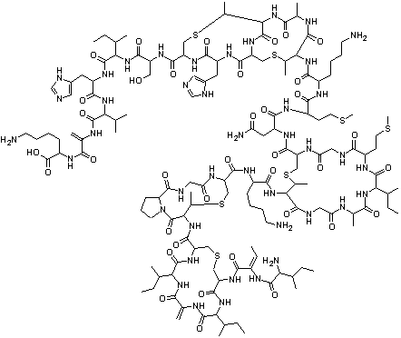 CAS # 1414-45-5, Nisin, L-Isoleucyl-(Z)-2,3-didehydro-2-aminobutanoyl-D-cysteinyl-L-isoleucyl-2,3-didehydroalanyl-L-leucyl-L-cysteinyl-threo-3-mercapto-D-2-aminobutanoyl-L-prolylglycyl-L-cysteinyl-L-lysyl-threo-3-mercapto-D-2-aminobutanoylglycyl-L-alanyl-L-leucyl-L-methionylglycyl-L-cysteinyl-L-asparaginyl-L-methionyl-L-lysyl-threo-3-mercapto-D-2-aminobutanoyl-L-alanyl-threo-3-mercapto-D-2-aminobutanoyl-L-cysteinyl-L-histidyl-L-cysteinyl-L-seryl-L-isoleucyl-L-histidyl-L-valyl-2,3-didehydroalanyl-L-lysine cyclic (3->7),(8->11),(13->19),(23->26),(25->28)-pentakis(sulfide)