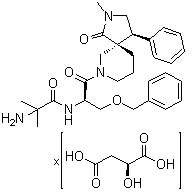 (2S)-2-羟基-丁二酸与2-氨基-2-甲基-N-[(1R)-2-[(4S,5R)-2-甲基-1-氧代-4-苯基-2,7-二氮杂螺[4.5]癸烷-7-基]-2-氧代-1-[(苯基甲氧基)甲基]乙基]丙酰胺的化合物分子结构 (CAS 1415235-63-0)