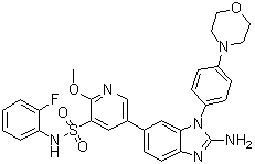 structure of CAS# 1416334-69-4, 5-(2-Amino-1-(4-morpholinophenyl)-1H-benzimidazol-6-yl)-N-(2-fluorophenyl)-2-methoxypyridine-3-sulfonamide