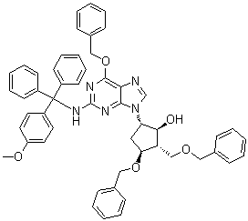 structure of CAS# 142217-78-5, (1S,2S,3S,5S)-5-[2-[[(4-Methoxyphenyl)diphenylmethyl]amino]-6-(phenylmethoxy)-9H-purin-9-yl]-3-(phenylmethoxy)-2-[(phenylmethoxy)methyl]cyclopentanol