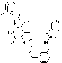 6-[8-[(2-Benzothiazolylamino)carbonyl]-3,4-dihydro-2(1H)-isoquinolinyl]-3-[5-methyl-1-(tricyclo[3.3.1.1(3,7)]dec-1-ylmethyl)-1H-pyrazol-4-yl]-2-pyridinecarboxylic acid molecular structure (CAS 1430844-80-6)