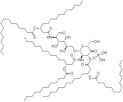 2-脱氧-6-O-[2-脱氧-2-[[(3R)-1-氧代-3-[(1-氧代十二烷基)氧基]十四烷基]氨基]-3-O-[(3R)-1-氧代-3-[(1-氧代十四烷基)氧基]十四烷基]-4-O-膦酰-beta-D-吡喃葡萄糖基]-2-[[(3R)-1-氧代-3-[(1-氧代十六烷基)氧基]十四烷基]氨基]-D-葡萄糖分子结构 (CAS 143110-73-0)