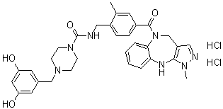 N-[[4-[(4,10-二氢-1-甲基吡唑并[3,4-b][1,5]苯并二氮杂卓-5(1H)-基)羰基]-2-甲基苯基]甲基]-4-[(3,5-二羟基苯基)甲基]-1-哌嗪甲酰胺二盐酸盐分子结构 (CAS 1432043-31-6)