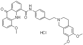 CAS # 143851-98-3, Elacridar hydrochloride, N-[4-[2-(3,4-Dihydro-6,7-dimethoxy-2(1H)-isoquinolinyl)ethyl]phenyl]-9,10-dihydro-5-methoxy-9-oxo-4-acridinecarboxamide monohydrochloride, GF 120918A