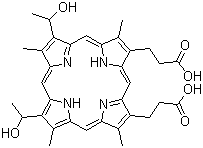 CAS # 14459-29-1, Hematoporphyrin, Hematoporphyrin IX, 1,3,5,8-Tetramethyl-2,4-bis(��-hydroxyethyl)porphine-6,7-dipropionic acid, 7,12-Bis(1-hydroxyethyl)-3,8,13,17-tetramethyl-2,18-porphinedipropionic acid