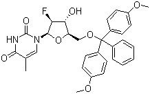 1-[5-O-[二(4-甲氧基苯基)苯甲基]-2-脱氧-2-氟-beta-D-阿拉伯呋喃糖基]-5-甲基-2,4(1H,3H)-嘧啶二酮分子结构 (CAS 144822-48-0)
