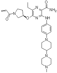 structure of CAS# 1448232-80-1, 6-Ethyl-3-[[4-[4-(4-methyl-1-piperazinyl)-1-piperidinyl]phenyl]amino]-5-[[(3R)-1-(1-oxo-2-propen-1-yl)-3-pyrrolidinyl]oxy]-2-pyrazinecarboxamide