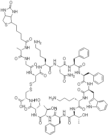 CAS # 145251-83-8, N-[5-[(3aS,4S,6aR)-Hexahydro-2-oxo-1H-thieno[3,4-d]imidazol-4-yl]-1-oxopentyl]-somatostatin (sheep)