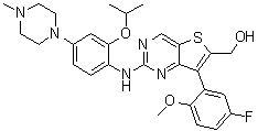 CAS 登录号：1462949-64-9, 7-(5-氟-2-甲氧基苯基)-2-[[2-(1-甲基乙氧基)-4-(4-甲基-1-哌嗪基)苯基]氨基]噻吩并[3,2-d]嘧啶-6-甲醇
