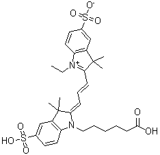 2-[3-[1-(5-羧基戊基)-1,3-二氢-3,3-二甲基-5-磺基-2H-吲哚-2-亚基]-1-丙烯-1-基]-1-乙基-3,3-二甲基-5-磺基-3H-吲哚鎓内盐分子结构 (CAS 146368-13-0)