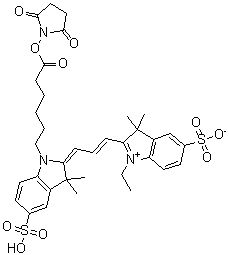 structure of CAS# 146368-16-3, 2-[3-[1-[6-[(2,5-Dioxo-1-pyrrolidinyl)oxy]-6-oxohexyl]-1,3-dihydro-3,3-dimethyl-5-sulfo-2H-indol-2-ylidene]-1-propen-1-yl]-1-ethyl-3,3-dimethyl-5-sulfo-3H-indolium inner salt