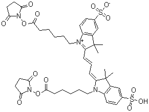 structure of CAS# 146397-20-8, 1-[6-[(2,5-Dioxo-1-pyrrolidinyl)oxy]-6-oxohexyl]-2-[3-[1-[6-[(2,5-dioxo-1-pyrrolidinyl)oxy]-6-oxohexyl]-1,3-dihydro-3,3-dimethyl-5-sulfo-2H-indol-2-ylidene]-1-propenyl]-3,3-dimethyl-5-sulfo-3H-indolium inner salt