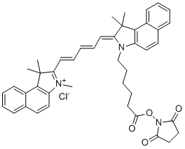 (2,5-二氧代吡咯烷-1-基)6-[(2Z)-1,1-二甲基-2-[(2E,4E)-5-(1,1,3-三甲基苯并[e]吲哚-3-鎓-2-基)五-2,4-二烯亚基]苯并[e]吲哚-3-基]己酸氯化物分子结构 (CAS 1469277-96-0)
