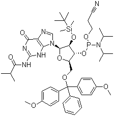 structure of CAS# 147201-04-5, 5'-O-(4,4-Dimethoxytrityl)-2'-O-[(tert-butyl)dimethylsilyl]-N-isobutyrylguanosine-3'-(2-cyanoethyl-N,N-diisopropyl)phosphoramidite