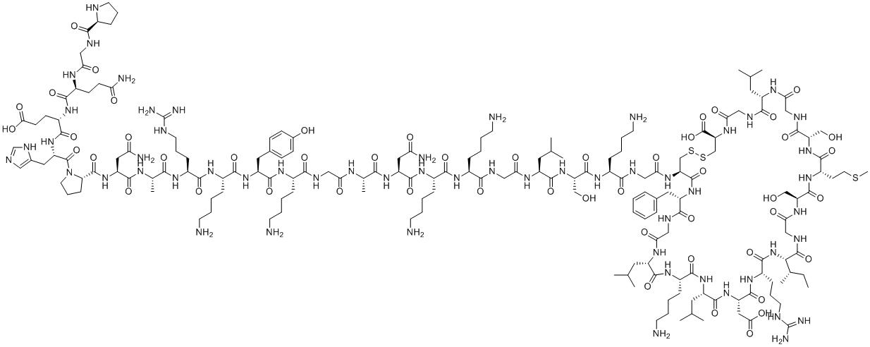 CAS # 1480724-61-5, Vosoritide, (4R,10S,16S,19S,22S,28S,31S,34S,37S,40S,43S,49S,52R)-52-[[2-[[(2S)-6-amino-2-[[(2S)-2-[[(2S)-2-[[2-[[(2S)-6-amino-2-[[(2S)-6-amino-2-[[(2S)-4-amino-2-[[(2S)-2-[[2-[[(2S)-6-amino-2-[[(2S)-2-[[(2S)-6-amino-2-[[(2S)-2-[[(2S)-2-[[(2S)-4-amino-2-[[(2S)-1-[(2S)-2-[[(2S)-2-[[(2S)-5-amino-5-oxo-2-[[2-[[(2S)-pyrrolidine-2-carbonyl]amino]acetyl]amino]pentanoyl]amino]-4-carboxybutanoyl]amino]-3-(1H-imidazol-5-yl)propanoyl]pyrrolidine-2-carbonyl]amino]-4-oxobutanoyl]amino]propanoyl]amino]-5-carbamimidamidopentanoyl]amino]hexanoyl]amino]-3-(4-hydroxyphenyl)propanoyl]amino]hexanoyl]amino]acetyl]amino]propanoyl]amino]-4-oxobutanoyl]amino]hexanoyl]amino]hexanoyl]amino]acetyl]amino]-4-methylpentanoyl]amino]-3-hydroxypropanoyl]amino]hexanoyl]amino]acetyl]amino]-40-(4-aminobutyl)-49-benzyl-28-[(2S)-butan-2-yl]-31-(3-carbamimidamidopropyl)-34-(carboxymethyl)-16,22-bis(hydroxymethyl)-10,37,43-tris(2-methylpropyl)-19-(2-methylsulfanylethyl)-6,9,12,15,18,21,24,27,30,33,36,39,42,45,48,51-hexadecaoxo-1,2-dithia-5,8,11,14,17,20,23,26,29,32,35,38,41,44,47,50-hexadecazacyclotripentacontane-4-carboxylic acid
