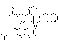 structure of CAS# 148409-20-5, (9Z,17S)-17-[[6-O-Acetyl-2-O-(6-O-acetyl-beta-D-glucopyranosyl)-beta-D-glucopyranosyl]oxy]-9-octadecenoic acid intramol. 1,4''-ester