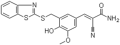 CAS # 149092-50-2, 5-[(Benzothiazol-2-yl)thiomethyl]-4-hydroxy-3-methoxybenzylidenecyanoacetamide, Tyrphostin AG 825