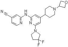 structure of CAS# 1496581-76-0, 2-[[6-(3,3-二氟-1-吡咯烷基)-4-[1-(3-氧杂环丁基)-4-哌啶基]-2-吡啶基]氨基]-4-吡啶甲腈