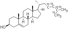 [23,24,25,26,27-13C5]胆固醇分子结构 (CAS 150044-24-9)