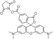structure of CAS# 150408-83-6, 5(6)-Carboxytetramethylrhodamine succinimidyl ester