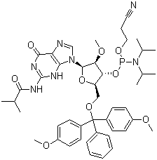 structure of CAS# 150780-67-9, 5'-O-(4,4-Dimethoxytrityl)-2'-O-methyl-N-isobutyrylguanosine-3'-(2-cyanoethyl-N,N-diisopropyl)phosphoramidite