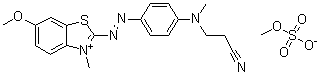 CAS # 15085-91-3, C.I. Basic Blue 162, Cationic Blue X-ERL, Cationic Blue X-FRL, Cationic Blue XFRL, Daedo Cationic Blue FRL, Dycosacryl Blue X-PRL, Rifa Cationic Blue FRL, 2-[[4-[(2-Cyanoethyl)methylamino]phenyl]azo]-6-methoxy-3-methylbenzothiazolium methyl sulfate