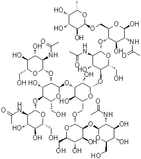 CAS 登录号：1513691-26-3, O-2-(乙酰氨基)-2-脱氧-beta-D-吡喃葡萄糖基-(1→2)-O-alpha-D-甘露糖基-(1→6)-O-[2-(乙酰氨基)-2-脱氧-beta-D-吡喃葡萄糖基-(1→2)-O-[2-(乙酰氨基)-2-脱氧-beta-D-吡喃葡萄糖基-(1→4)]-O-alpha-D-甘露糖基-(1→3)]-O-beta-D-甘露糖基-(1→4)-O-2-(乙酰氨基)-2-脱氧-beta-D-吡喃葡萄糖基-(1→4)-O-[6-脱氧-alpha-L-吡喃半乳糖基-(1→6)]-2-(乙酰氨基)-2-脱氧-beta-D-吡喃葡萄糖