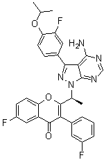 2-[(1S)-1-[4-氨基-3-[3-氟-4-(1-甲基乙氧基)苯基]-1H-吡唑并[3,4-d]嘧啶-1-基]乙基]-6-氟-3-(3-氟苯基)-4H-1-苯并吡喃-4-酮分子结构 (CAS 1532533-67-7)