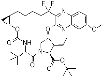 CAS # 1535212-05-5, (1aR,5S,8S,9S,10R,22aR)-5-(1,1-Dimethylethyl)-9-ethyl-18,18-difluoro-1,1a,3,4,5,6,9,10,18,19,20,21,22,22a-tetradecahydro-14-methoxy-3,6-dioxo-8H-7,10-methanocyclopropa[18,19][1,10,3,6]dioxadiazacyclononadecino[11,12-b]quinoxaline-8-carboxylic acid 1,1-dimethylethyl ester