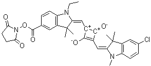 1-[(5-氯-1,3-二氢-1,3,3-三甲基-2H-吲哚-2-亚基)甲基]-3-[[5-[[(2,5-二氧代-1-吡咯烷基)氧基]羰基]-1-乙基-1,3-二氢-3,3-二甲基-2H-吲哚-2-亚基]甲基]-2,4-二羟基环丁烯二鎓二(内盐)分子结构 (CAS 154161-81-6)