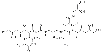 CAS # 154361-55-4, Iopromide EP Impurity D, 3-N-(2,3-dihydroxypropyl)-1-N-[3-[3-(2,3-dihydroxypropylcarbamoyl)-5-[2,3-dihydroxypropyl(methyl)carbamoyl]-2,4,6-triiodo-N-(2-methoxyacetyl)anilino]-2-hydroxypropyl]-2,4,6-triiodo-5-[(2-methoxyacetyl)amino]-3-N-methylbenzene-1,3-dicarboxamide