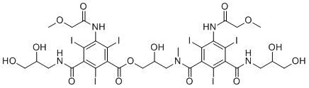 CAS # 154397-78-1, Iopromide EP Impurity E, [3-[[3-(2,3-Dihydroxypropylcarbamoyl)-2,4,6-triiodo-5-[(2-methoxyacetyl)amino]benzoyl]-methylamino]-2-hydroxypropyl] 3-(2,3-dihydroxypropylcarbamoyl)-2,4,6-triiodo-5-[(2-methoxyacetyl)amino]benzoate