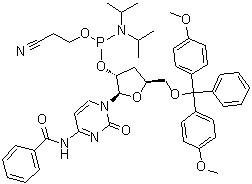 CAS # 157327-96-3, N-Benzoyl-5'-O-[bis(4-methoxyphenyl)phenylmethyl]-3'-deoxycytidine 2'-[2-cyanoethyl bis(1-methylethyl)phosphoramidite]