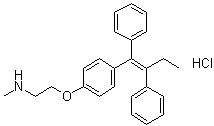 structure of CAS# 15917-65-4, 2-[4-[(1Z)-1,2-Diphenyl-1-butenyl]phenoxy]-N-methylethanamine hydrochloride