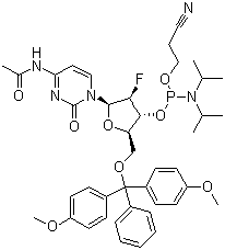 N-乙酰基-5'-O-(4,4-二甲氧基三苯甲基)-2'-脱氧-2'-氟胞苷-3'-(2-氰基乙基-N,N-二异丙基)亚磷酰胺分子结构 (CAS 159414-99-0)