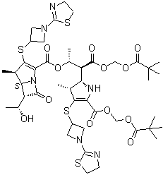 (4R,5S,6S)-3-[[1-(4,5-二氢-2-噻唑基)-3-氮杂环丁基]硫基]-6-[(1R)-1-羟基乙基]-4-甲基-7-氧代-1-氮杂双环[3.2.0]庚-2-烯-2-羧酸 (1R,2S)-2-[(2S,3R)-4-[[1-(4,5-二氢-2-噻唑基)-3-氮杂环丁基]硫基]-5-[[(2,2-二甲基-1-氧代丙氧基)甲氧基]羰基]-2,3-二氢-3-甲基-1H-吡咯-2-基]-3-[(2,2-二甲基-1-氧代丙氧基)甲氧基]-1-甲基-3-氧代丙基酯分子结构 (CAS 1595319-78-0)