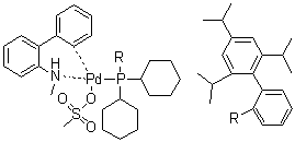 structure of CAS# 1599466-81-5, (SP-4-3)-[二环己基[2',4',6'-三(异丙基)[1,1'-联苯]-2-基]膦](甲烷磺酸)[2'-(甲基氨基)[1,1'-联苯]-2-基]钯