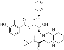 CAS # 159989-64-7, Nelfinavir, (3S,4aS,8aS)-N-(1,1-Dimethylethyl)decahydro-2-[(2R,3R)-2-hydroxy-3-[(3-hydroxy-2-methylbenzoyl)amino]-4-(phenylthio)butyl]-3-isoquinolinecarboxamide
