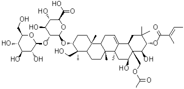 (3beta,4alpha,16alpha,21beta,22alpha)-28-(乙酰氧基)-16,22,23-三羟基-21-[[(2E)-2-甲基-1-氧代-2-丁烯-1-基]氧基]齐墩果-12-烯-3-基 2-O-beta-D-吡喃葡萄糖基-beta-D-吡喃葡糖苷酸分子结构 (CAS 1613506-28-7)