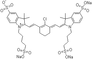 CAS 登录号：162093-39-2, 3,3-二甲基-2-[2-[2-氯-3-[2-[1,3-二氢-3,3-二甲基-5-磺酸基-1-(4-磺酸基丁基)-2H-吲哚-2-亚基]乙亚基]-1-环己烯-1-基]乙烯基]-5-磺酸基-1-(4-磺酸基丁基)-3H-吲哚鎓内盐三钠盐