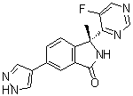 structure of CAS# 1627696-51-8, (3R)-3-(5-Fluoro-4-pyrimidinyl)-2,3-dihydro-3-methyl-6-(1H-pyrazol-4-yl)-1H-isoindol-1-one