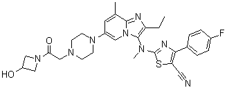 2-[[2-乙基-6-[4-[2-(3-羟基-1-氮杂环丁基)-2-氧代乙基]-1-哌嗪基]-8-甲基咪唑并[1,2-a]吡啶-3-基]甲基氨基]-4-(4-氟苯基)-5-噻唑甲腈分子结构 (CAS 1628260-79-6)
