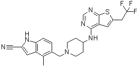 structure of CAS# 1628317-18-9, 4-Methyl-5-[[4-[[6-(2,2,2-trifluoroethyl)thieno[2,3-d]pyrimidin-4-yl]amino]-1-piperidinyl]methyl]-1H-indole-2-carbonitrile