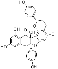 CAS # 163660-10-4, Daphnodorin F, [2S-(2alpha,7aalpha,13abeta)]-3,4,7a,13a-Tetrahydro-5,10,12,13a-tetrahydroxy-2,7a-bis(4-hydroxyphenyl)-2H,13H-furo[2,3-b:5,4-h']bis[1]benzopyran-13-one