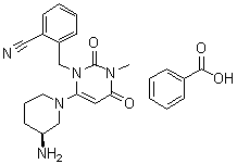 CAS # 1638544-64-5, 2-[[6-[(3S)-3-Amino-1-piperidinyl]-3,4-dihydro-3-methyl-2,4-dioxo-1(2H)-pyrimidinyl]methyl]benzonitrile benzoate (1:1)