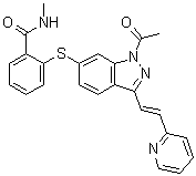 2-[[1-乙酰基-3-[(1E)-2-(2-吡啶基)乙烯基]-1H-吲唑-6-基]硫基]-N-甲基苯甲酰胺分子结构 (CAS 1639137-80-6)