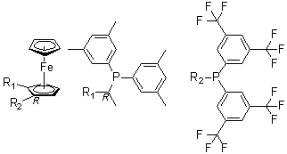 structure of CAS# 166172-63-0, (1R)-1-[二[3,5-二(三氟甲基)苯基]膦基]-2-[(1R)-1-[二(3,5-二甲基苯基)膦基]乙基]二茂铁