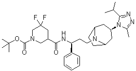 CAS 登录号：1673575-89-7, 3,3-二氟-5-[[[(1S)-3-[(3-外)-3-[3-甲基-5-(1-甲基乙基)-4H-1,2,4-三唑-4-基]-8-氮杂双环[3.2.1]辛烷-8-基]-1-苯基丙基]氨基]羰基]-1-哌啶羧酸叔丁酯